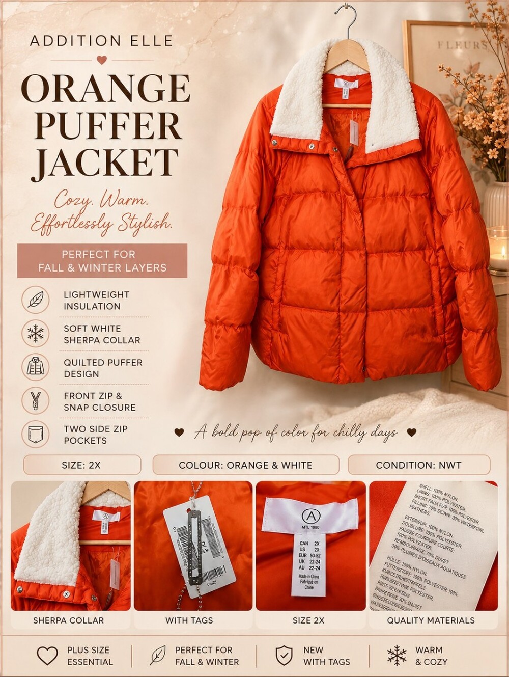 NWT Orange Puffer Jacket with White Sherpa Collar - Addition Elle 2X
